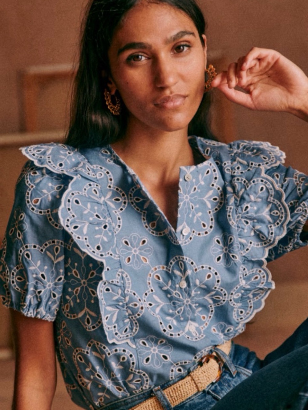 Sezane Eyelet Scalloped Collar Top - Blue